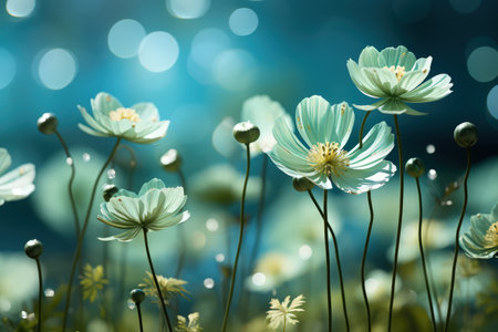 Floral fresh background in soft daylight with beautiful bokeh and pastel green colors, close-up macro. Made with Generative AIの素材