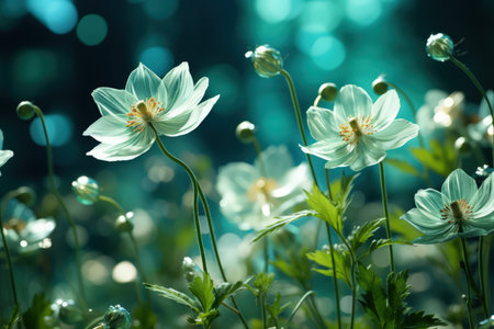 Floral fresh background in soft daylight with beautiful bokeh and pastel green colors, close-up macro. Made with Generative AIの素材