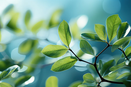 Delicately natural fresh leaf background in soft daylight with beautiful bokeh and pastel green colors, close-up macro. Made with Generative AIの素材