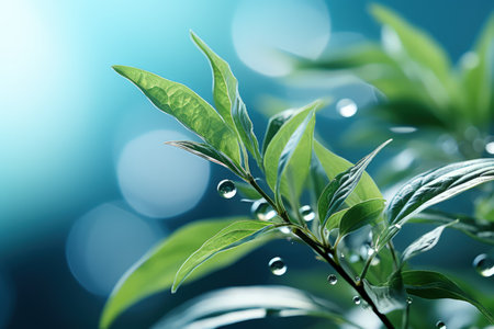 Delicately natural fresh leaf background in soft daylight with beautiful bokeh and pastel green colors, close-up macro. Made with Generative AIの素材