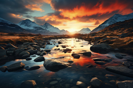 Beautiful scenery of majestic mountains and rocky river in sunset sky with dramatic clouds. Made with Generative AIの素材