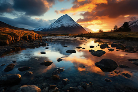 Beautiful scenery of majestic mountains and rocky river in sunset sky with dramatic clouds. Made with Generative AIの素材