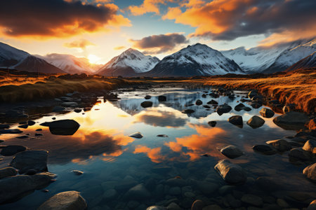 Beautiful scenery of majestic mountains and rocky river in sunset sky with dramatic clouds. Made with Generative AIの素材