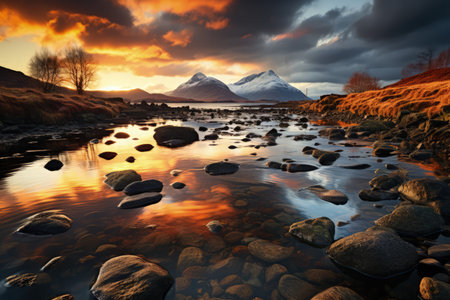 Beautiful scenery of majestic mountains and rocky river in sunset sky with dramatic clouds. Made with Generative AIの素材