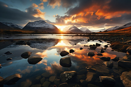 Beautiful scenery of majestic mountains and rocky river in sunset sky with dramatic clouds. Made with Generative AIの素材