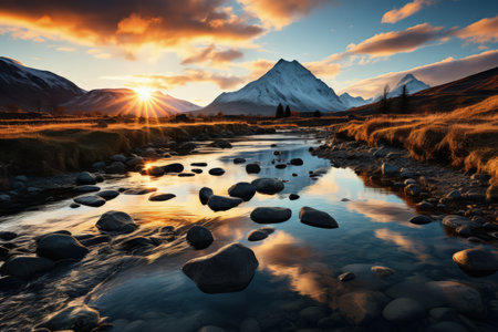 Beautiful scenery of majestic mountains and rocky river in sunset sky with dramatic clouds. Made with Generative AIの素材