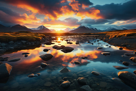 Beautiful scenery of majestic mountains and rocky river in sunset sky with dramatic clouds. Made with Generative AIの素材