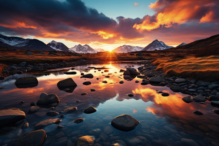 Beautiful scenery of majestic mountains and rocky river in sunset sky with dramatic clouds. Made with Generative AIの素材