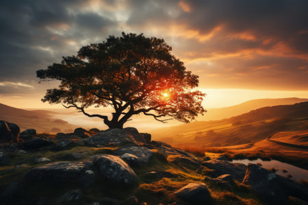 Tree at hill top, sunrise, misty morning, foggy, sunrays. Made with Generative AIの素材