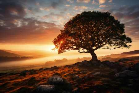 Tree at hill top, sunrise, misty morning, foggy, sunrays. Made with Generative AIの素材