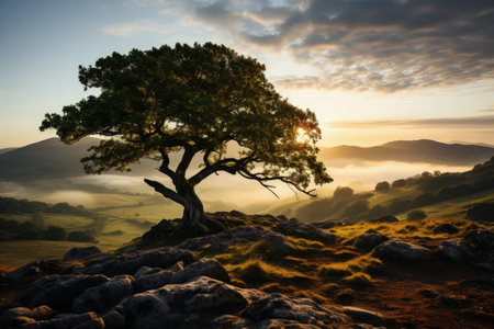 Tree at hill top, sunrise, misty morning, foggy, sunrays. Made with Generative AIの素材