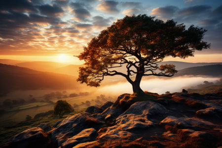 Tree at hill top, sunrise, misty morning, foggy, sunrays. Made with Generative AIの素材