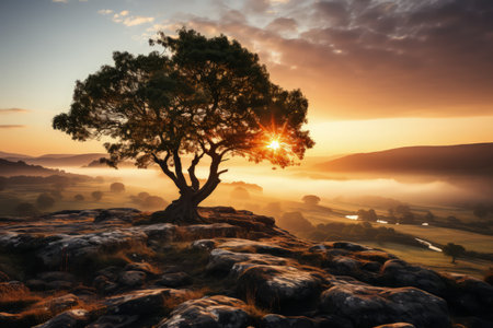 Tree at hill top, sunrise, misty morning, foggy, sunrays. Made with Generative AIの素材