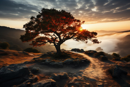 Tree at hill top, sunrise, misty morning, foggy, sunrays. Made with Generative AIの素材