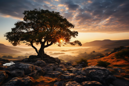 Tree at hill top, sunrise, misty morning, foggy, sunrays. Made with Generative AIの素材