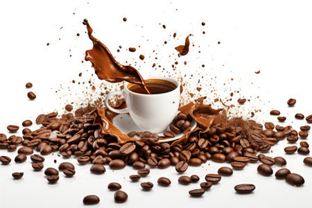 Coffee and chocolate splash, fluid burst isolated on white. Made with Generative AIの素材