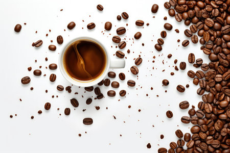 Knolling of cup of coffee and beans isolated on white. Copy space for text. made with Generative AIの素材