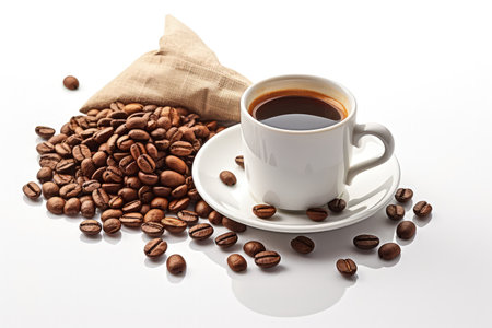 Cup of coffee with coffee beans in bag. Made with Generative AIの素材