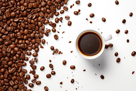 Knolling of cup of coffee and beans isolated on white. Copy space for text. made with Generative AIの素材