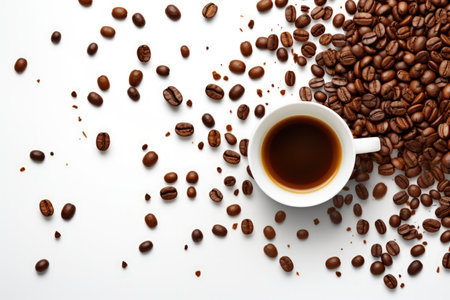 Knolling of cup of coffee and beans isolated on white. Copy space for text. made with Generative AIの素材
