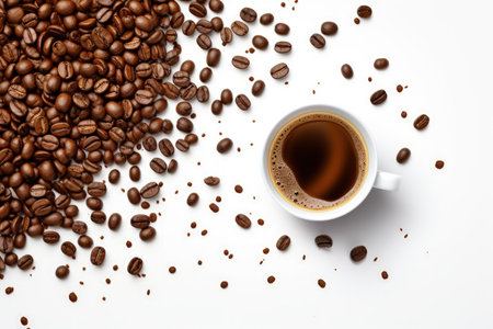 Knolling of cup of coffee and beans isolated on white. Copy space for text. made with Generative AIの素材