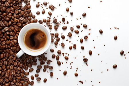 Knolling of cup of coffee and beans isolated on white. Copy space for text. made with Generative AIの素材