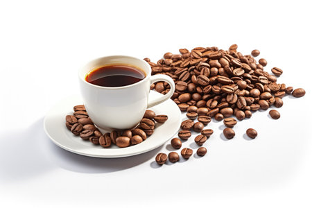 Cup of coffee with coffee beans in bag. Made with Generative AIの素材