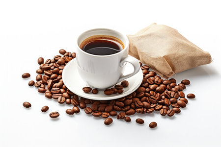 Cup of coffee with coffee beans in bag. Made with Generative AIの素材