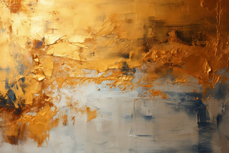 Gold foil and paint grunge texture. Chaotic paint strokes, old surface. Made with Generative AIの素材