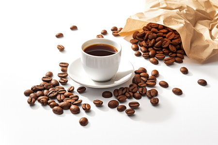 Cup of coffee with coffee beans in bag. Made with Generative AIの素材