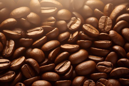 Macro view of coffee beans. Coffee background with bokeh and sunbeams. Magical illustration. Made with Generative AIの素材