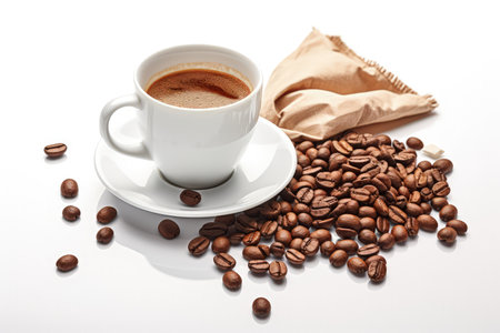 Cup of coffee with coffee beans in bag. Made with Generative AIの素材