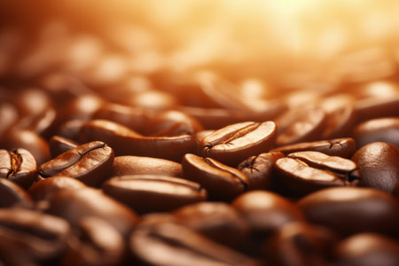 Macro view of coffee beans. Coffee background with bokeh and sunbeams. Magical illustration. Made with Generative AIの素材