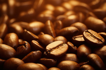 Macro view of coffee beans. Coffee background with bokeh and sunbeams. Magical illustration. Made with Generative AIの素材