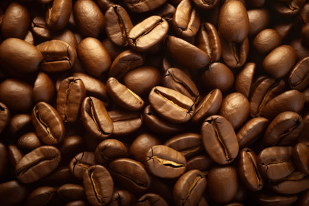 Macro view of coffee beans. Coffee background with bokeh and sunbeams. Magical illustration. Made with Generative AIの素材