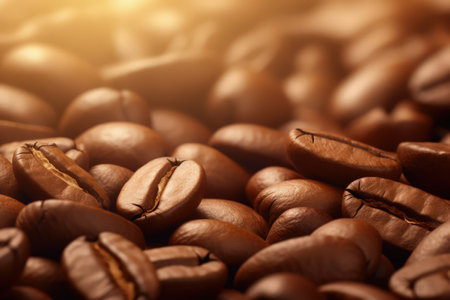 Macro view of coffee beans. Coffee background with bokeh and sunbeams. Magical illustration. Made with Generative AIの素材