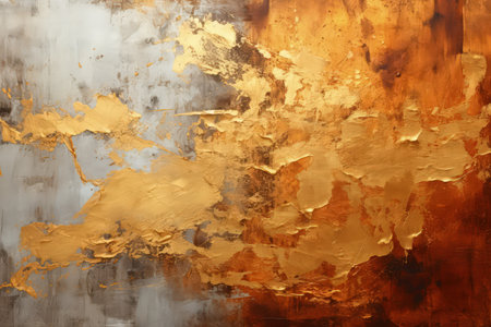 Gold foil and paint grunge texture. Chaotic paint strokes, old surface. Made with Generative AIの素材