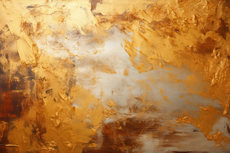 Gold foil and paint grunge texture. Chaotic paint strokes, old surface. Made with Generative AIの素材