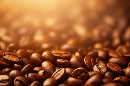 Macro view of coffee beans. Coffee background with bokeh and sunbeams. Magical illustration. Made with Generative AIの素材