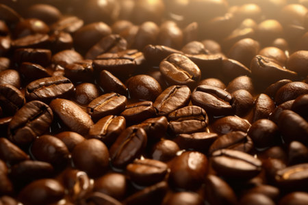 Macro view of coffee beans. Coffee background with bokeh and sunbeams. Magical illustration. Made with Generative AIの素材