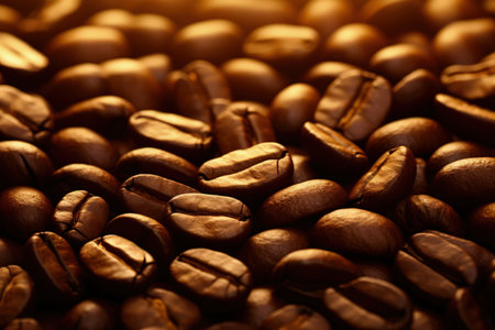 Macro view of coffee beans. Coffee background with bokeh and sunbeams. Magical illustration. Made with Generative AIの素材