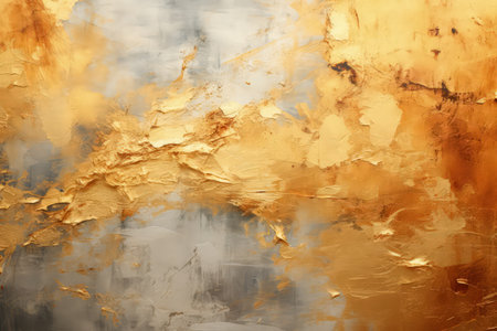 Gold foil and paint grunge texture. Chaotic paint strokes, old surface. Made with Generative AIの素材