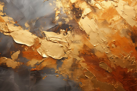 Gold foil and paint grunge texture. Chaotic paint strokes, old surface. Made with Generative AIの素材