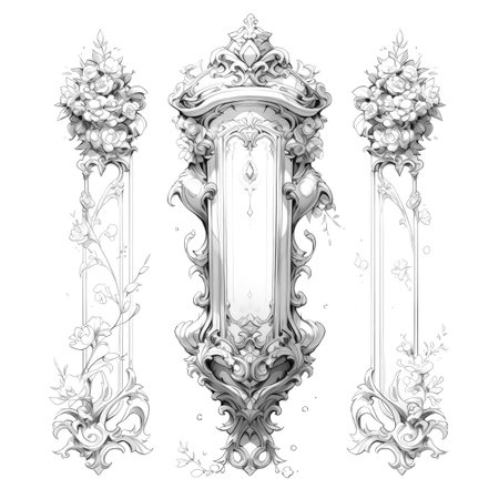Black and white illustration of decorative ornamental border frame. ornamental victorian decoration for postcard. Filigree ornament. Made with Generative AIの素材