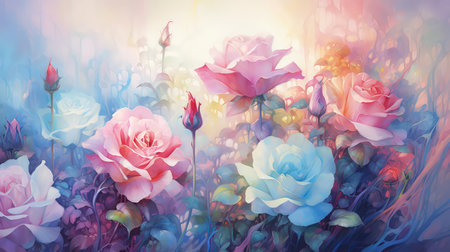 Background with colorful rainbow roses. Romantic, prismatic illustration. Made with Generative AIの素材