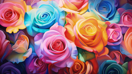 Background with colorful rainbow roses. Romantic, prismatic illustration. Made with Generative AIの素材