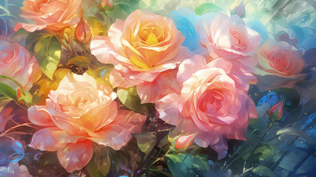 Background with colorful rainbow roses. Romantic, prismatic illustration. Made with Generative AIの素材