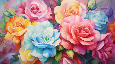 Background with colorful rainbow roses. Romantic, prismatic illustration. Made with Generative AIの素材