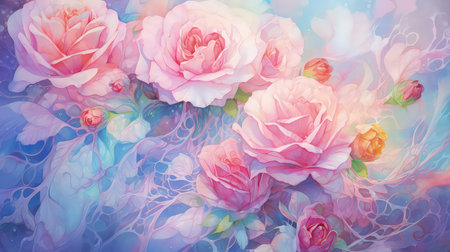 Background with colorful rainbow roses. Romantic, prismatic illustration. Made with Generative AIの素材
