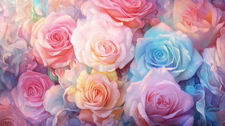 Background with colorful rainbow roses. Romantic, prismatic illustration. Made with Generative AIの素材